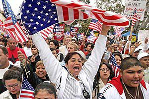 Immigrantion protesters with American flags