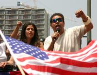 Immigration protest with American flag
