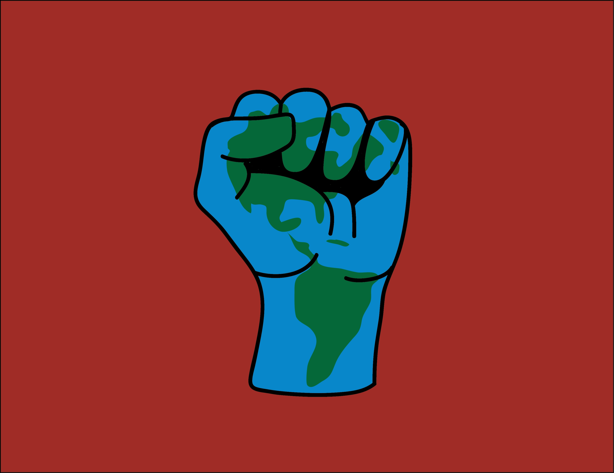 Closed fist with world map superimposed
