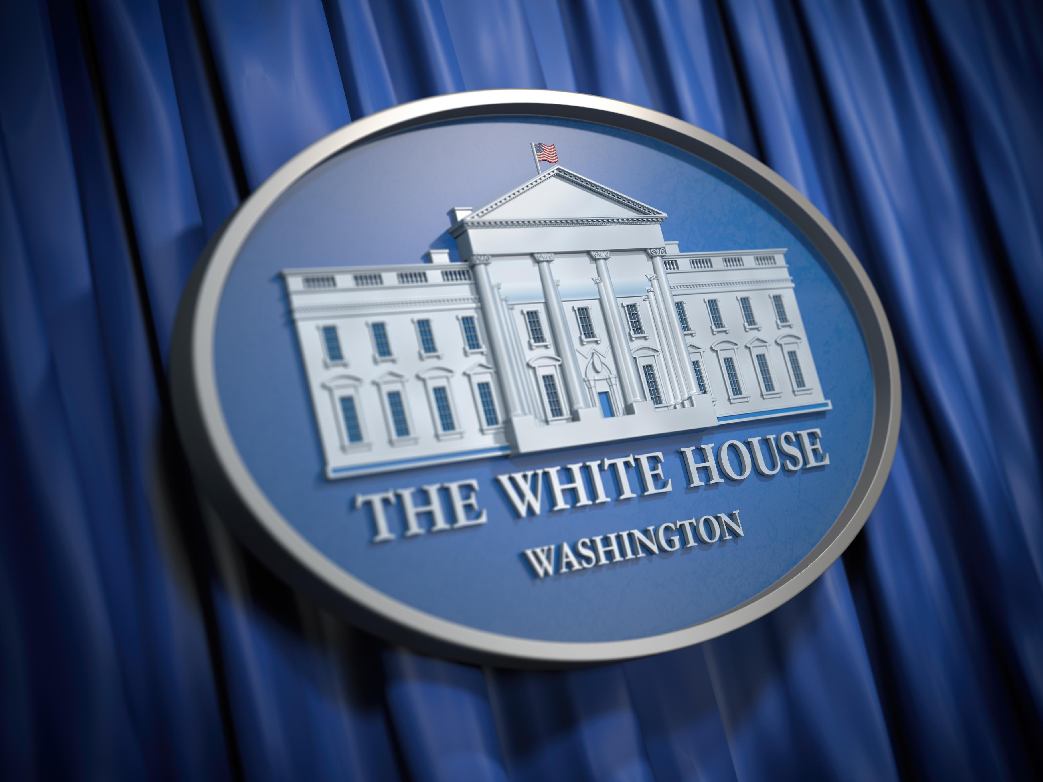 A 3d illustration of the White House Washington sign on a blue background.