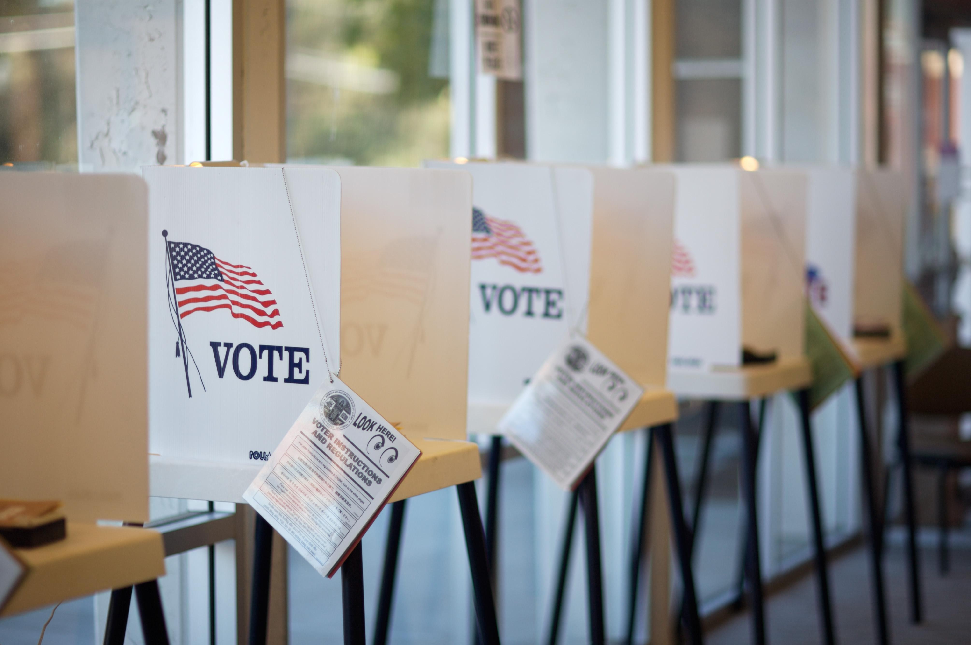 Voting booths in a row, with printed American flag on each.