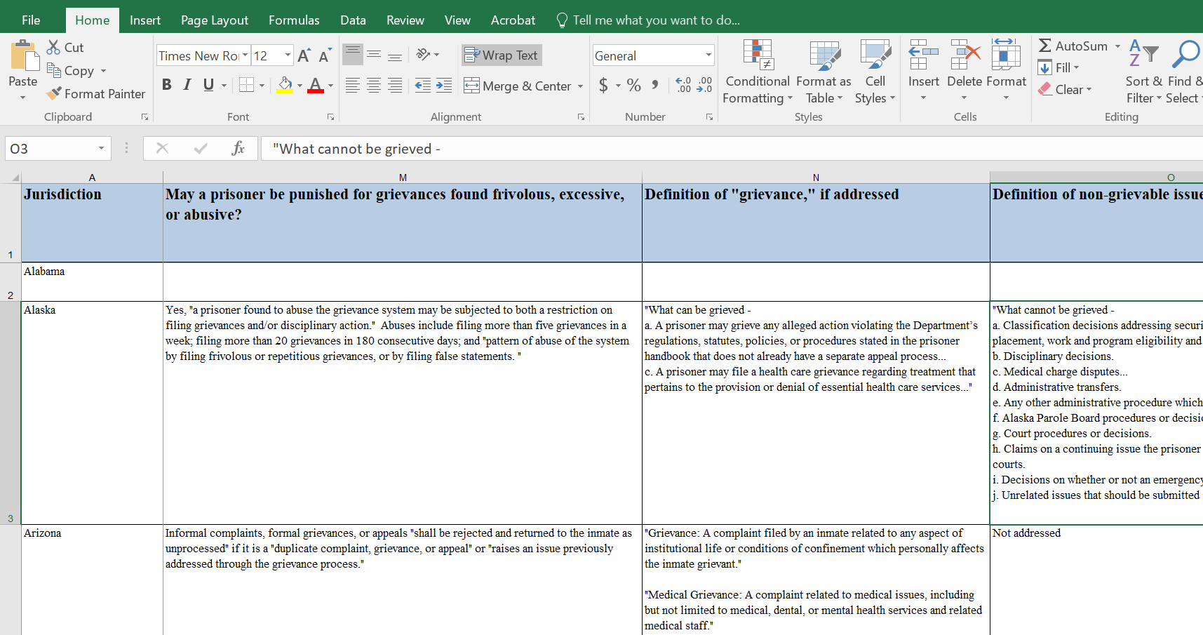 Excel spreadsheet listing states and questions (e.g. "May a prisoner be punished for grievances found frivolous, excessive, or abusive?")
