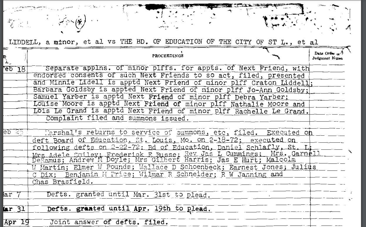 Historical (typed) docket in Liddell v. School Board of St. Louis