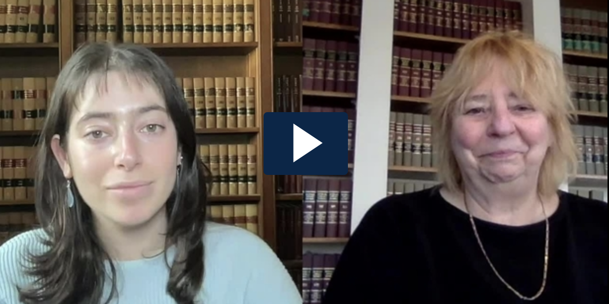 Image of video interview with Liz Lewis on left and Deborah LaBelle on right both in front of bookshelves.