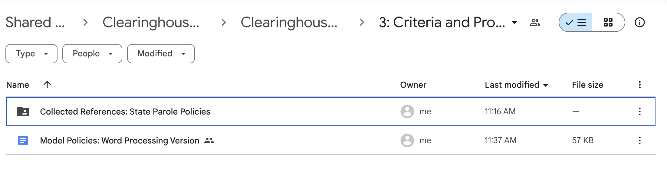 Screenshot of a Google Drive folder containing two items: Collected References State Parole Policies and Model Policies Word Processing Versionl.