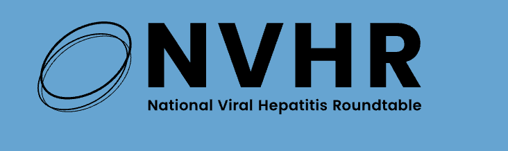 National Viral Hepatitis Roundtable Logo, the letters NVHR in black next to an oval-shaped design, with a blue background