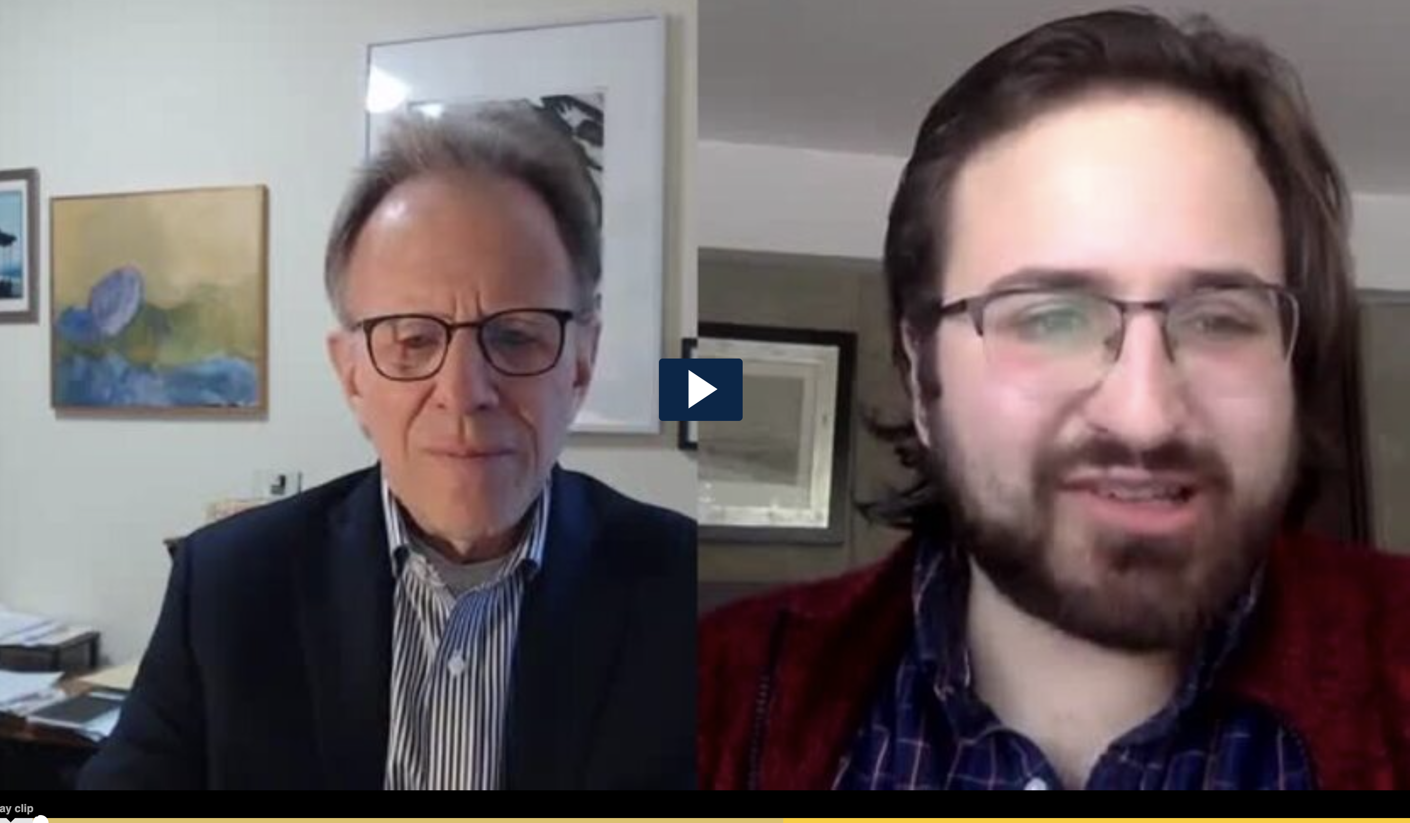 A split screen of a video interview with Lucas Guttentag on the left and Carlos Hurtado-Esteve on the right, and a blue rectangle with a white play button between them.